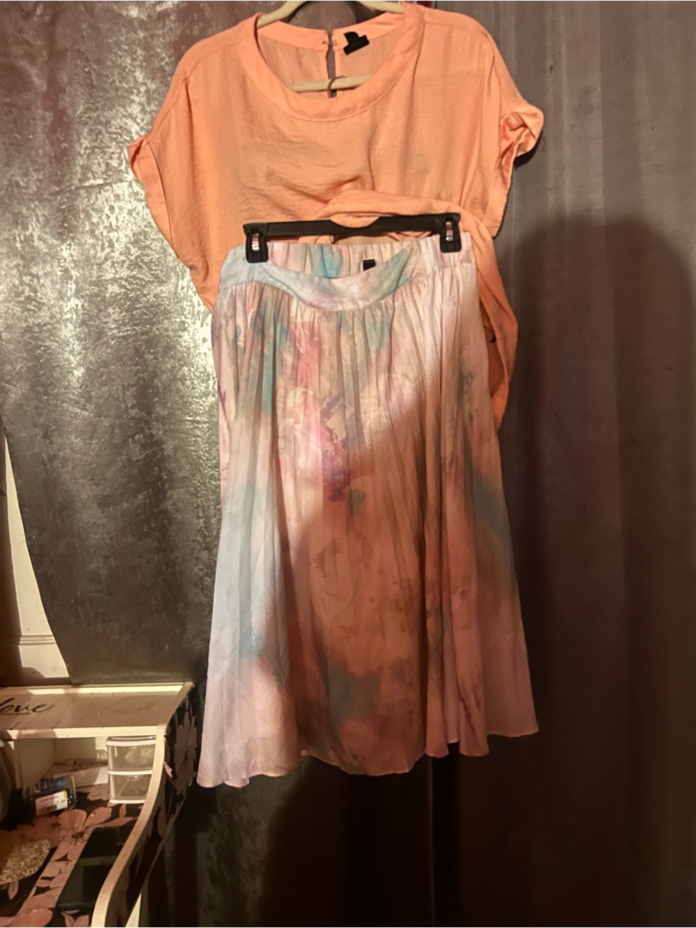 Watercolor Pastel Pleated Midi Skirt - Pink/Blue